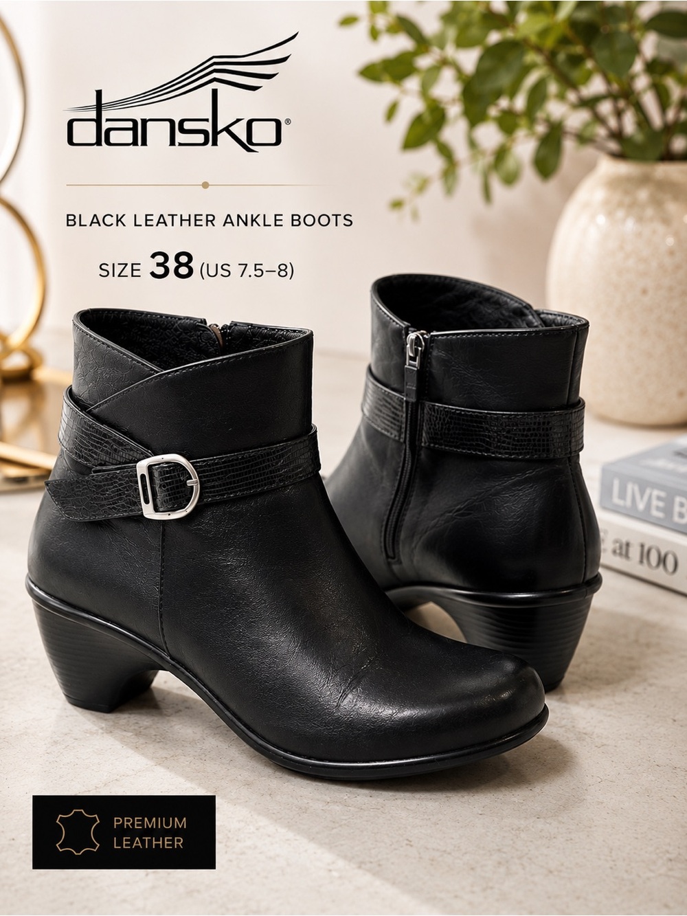 Dansko Black Leather Ankle Boots Women’s EU 38 US 7.5–8 Comfort 2.75” Heel